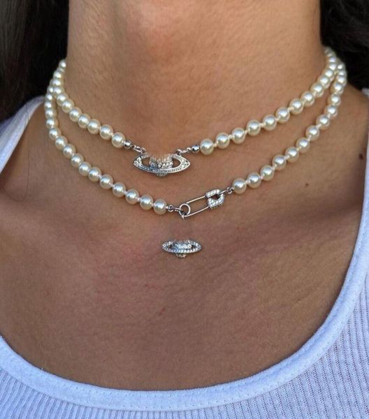 

luxury designer short pearl rhinestone orbit necklace clavicle chain baroque pearl choker necklaces for women jewelry gift4928817, Silver
