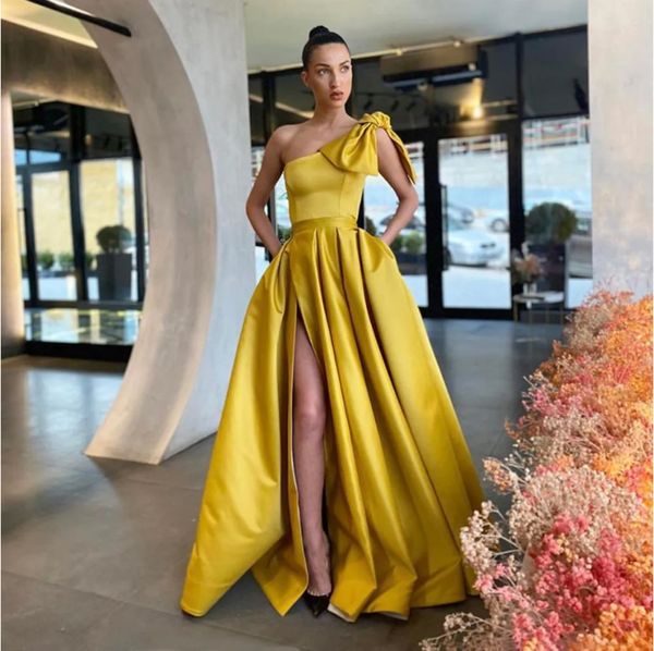 

new a line evening dresses formal prom party gown one-shoulder floor-length sweep train satin long thigh-high slits plus size custom, Black