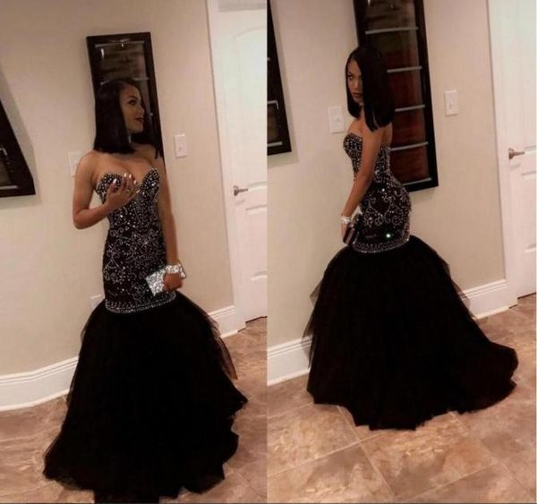 

2018 sparkly crystal beading mermaid prom dresses sweetheart tulle black gold appliques evening party gowns african black girl dre4778084