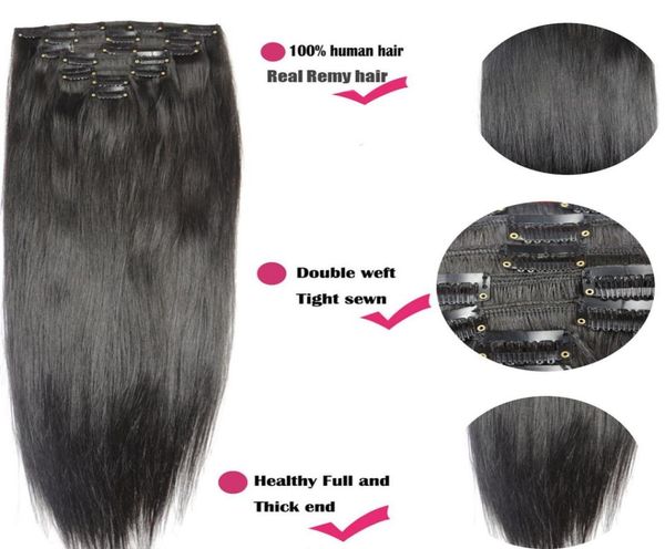 

1628 inches 8pcs set 160g 100 brazilian remy clipin human hair extensions clips full head natural straight2550584, Black;brown