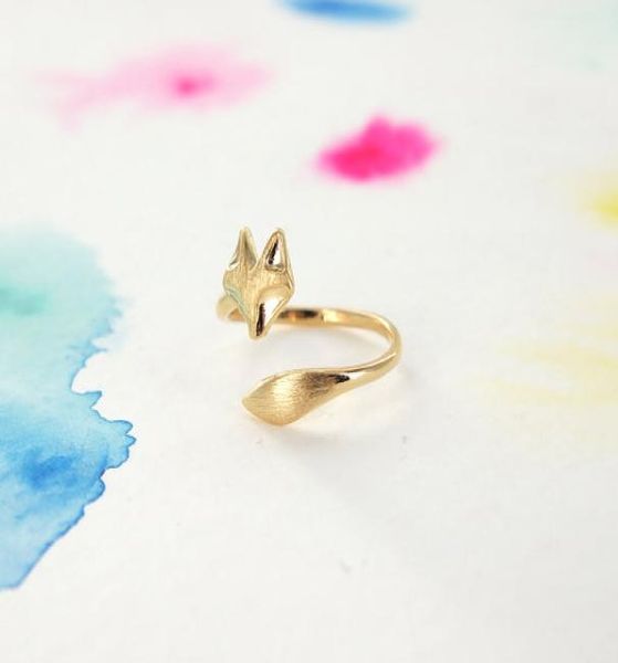 

10pcs gold silver adjustable cute fox rings simple 3d animal head face tail ring tiny ed wrap smooth fox minimalist jewelry f2513105, Golden;silver