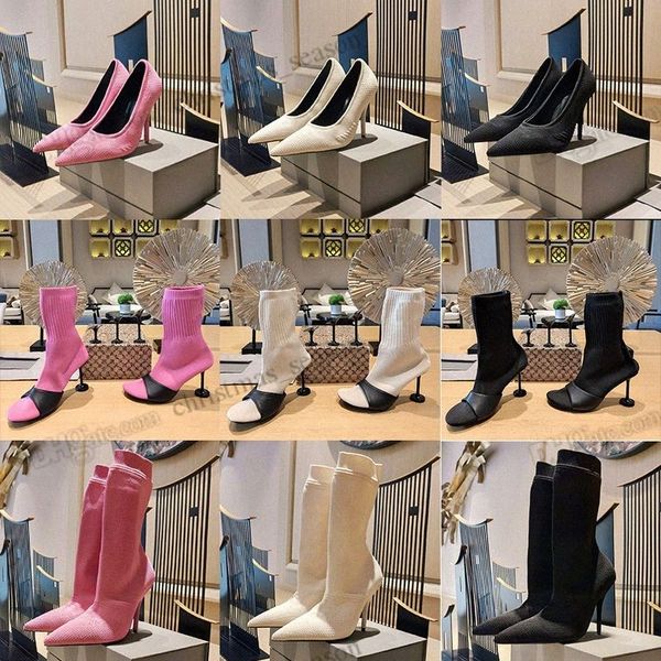 

high heel boots designer pairs ankle sock shoes stretch boot womens knitting elasticity fashion printing mixed colors half stiletto 35-w9vk#, Black