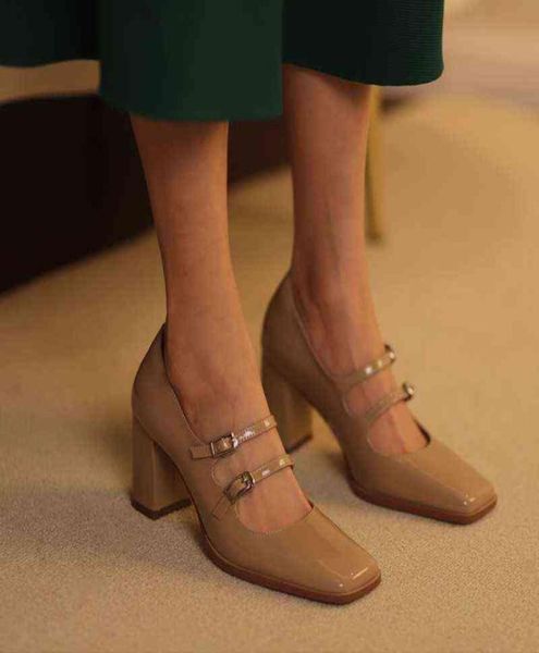 

high heeled ladies shoes women pumps square heels mary janes elegant female dress spring autumn buckle 2205207112679, Black