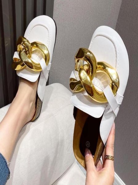 

design women slipper fashion big gold chain sandals shoes round toe slip on mules flat heel casual slides flip flop slippers2762136, Black