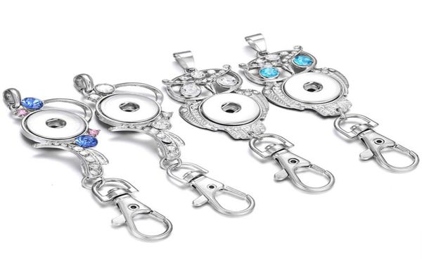 

key chains jewelry crystal flower owl snap button key chains for women fit 18mm snap jewelry keyring keychain holder5025683, Silver