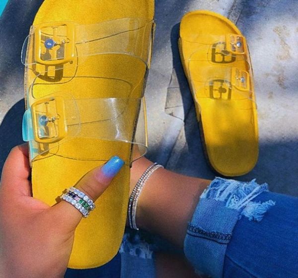 

2021 new summer beach slippers pu transparent casual double buckle women039s sandals mix colors slip on female flat flip flops5379108, Black