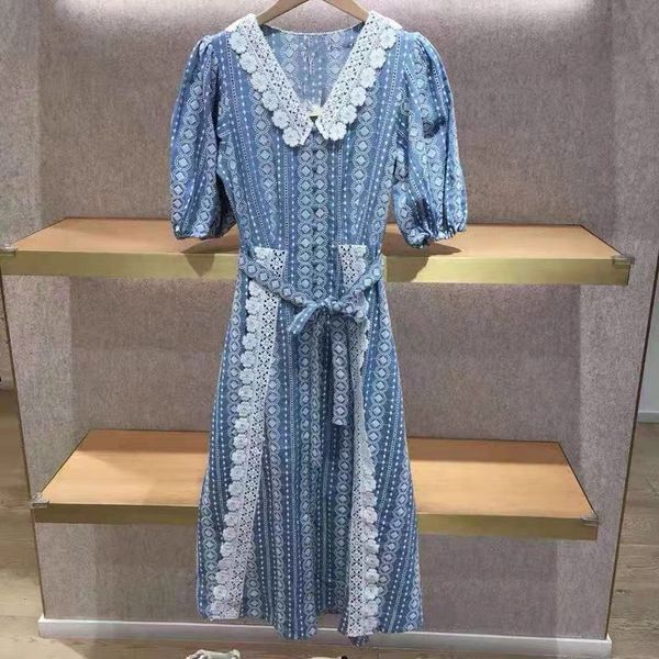 

french bubble sleeve dress 2023 summer doll neck lace hollow mid length dress children, Black;gray