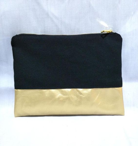 

black canvas cosmetic bag with waterproof gold leather bottom matching color lining and gold zip 7x10in makeup bag ship by dh1437110