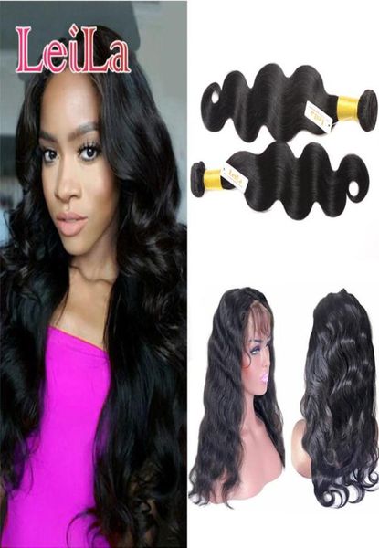 

2 bundles with 360 lace frontal pre plucked malaysian body wave with baby hair 3 pieces human hair body weaves natural color9927759, Black;brown