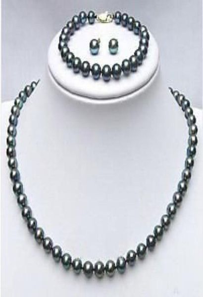 

real black pearl bracelet earrings necklace set pearl jewelry sets3078723, Silver