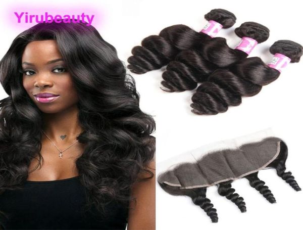 

malaysian 100 human hair dyeable bundles with 13x4 lace frontal loose wave virgin raw human weaves 3 bundle7229823, Black;brown