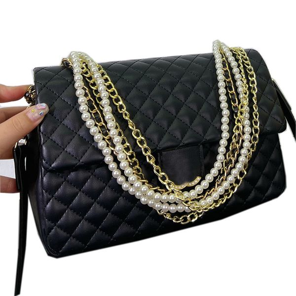 

women designer medium classic flap bag pearl gold metal hardware chain lambskin leather high capacity shoulder handbag zipper pocket luxury