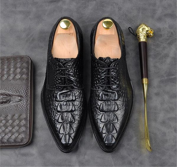 

classic men oxfrod shoes lace up pointed toe alligator pattern men dress shoes business wedding genuine leather formal shoes g251528905, Black