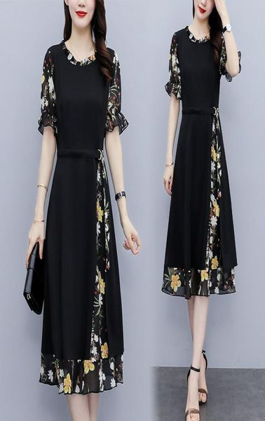 

embroidery vintage cocktail dresses women summer elegant short sleeve fungus patchwork print with belt plus size party dress6308814, Black