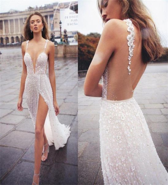 

2020 new wedding dresses with high slit beading appliqued backless bridal gowns beach robe de mariee9630414, White