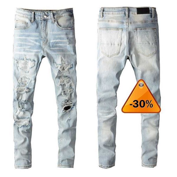 

men's vaqueros mens men jean hip hop pants trend chain decoration ripped rips stretch fashion fit motocycle denim trousers fan, Blue