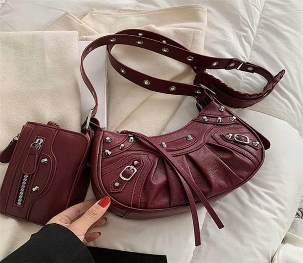 

rivets design half moon pu leather armpit crossbody bag winter punk style vintage shoulder purses and handbags 2 pcsset 2110233074976