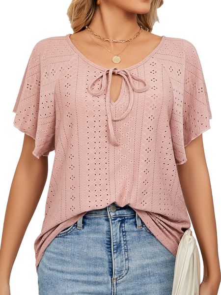 

women short sleeve solid round neck lace up t shirt, White