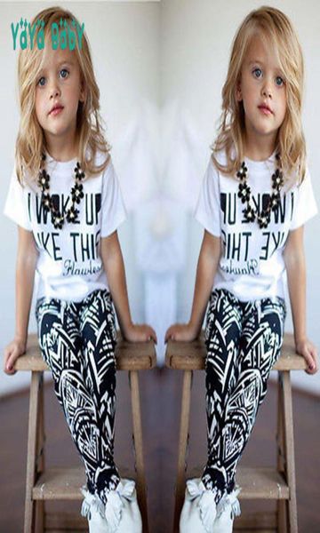 

1 2 3 4 5 5 6 7 8 year girls clothes 2018 new spring summer children clothing set letter printed shirts pants 2pcs kids suits y1895662988, White