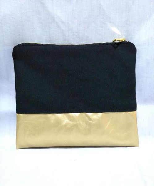 

black canvas cosmetic bag with waterproof gold leather bottom matching color lining and gold zip 7x10in makeup bag ship by dh6909070
