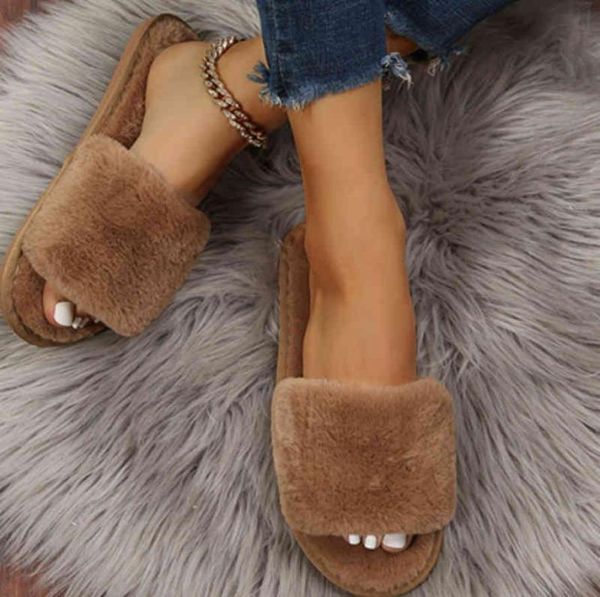 

fashion winter 2022 new warm indoor slipper woman plush slide flat casual flip flops open toe sandals woman shoes y2208106076198, Black
