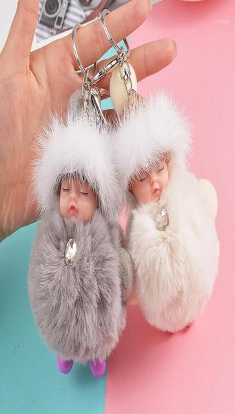 

keychains pompom sleeping baby keychain cute fluffy plush doll women girl bag keyrings cars key ring jewelry gift porte clef12613028, Silver