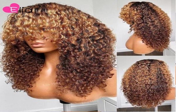 

lace wigs elia colored kinky curly human hair with bangs full machine made 100 brazilian remy for women 20092062689736409, Black;brown