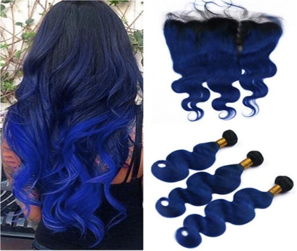 

black and dark blue ombre malaysian body wave human hair weave bundles with 13x4 full lace frontal 1bblue ombre virgin hair exte4757026, Black;brown