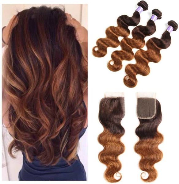 

brazilian ombre dark brown human hair 3 bundles with lace closure colored brazilian 430 body wave virgin hair weave with closure7251732, Black;brown