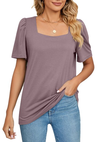 

women short sleeve solid square neck t shirt, White