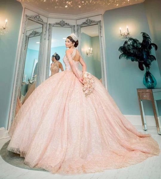 

bling rose gold pink sequined lace quinceanera dresses high neck crystal beading off shoulder ball gown vestidos de dress gue5301733, Blue;red
