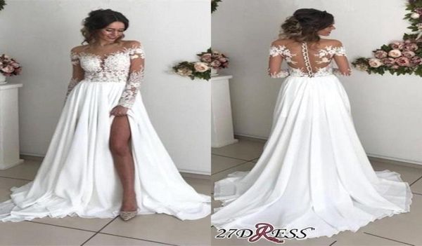 

modern sheer long sleeve bohemian wedding dresses a line bridal gowns appliques jewel neck illusion back with buttons bc00121286778, White