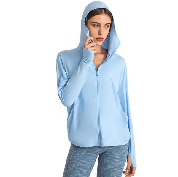 

lus-185 women yoga coat hoodie upf clothes runing rashguard ice silk quick drying outdoor sports rash guards leisure mountaineering sun prot, Black