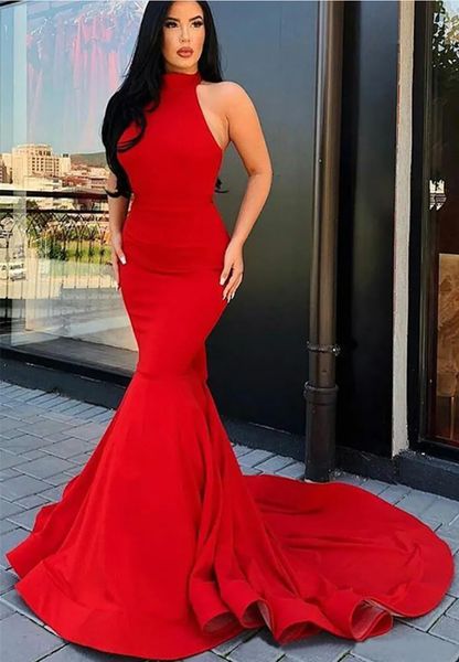 

red evening dresses formal prom party gown mermaid halter floor-length sweep train satin long backless zipper plus size custom, Black