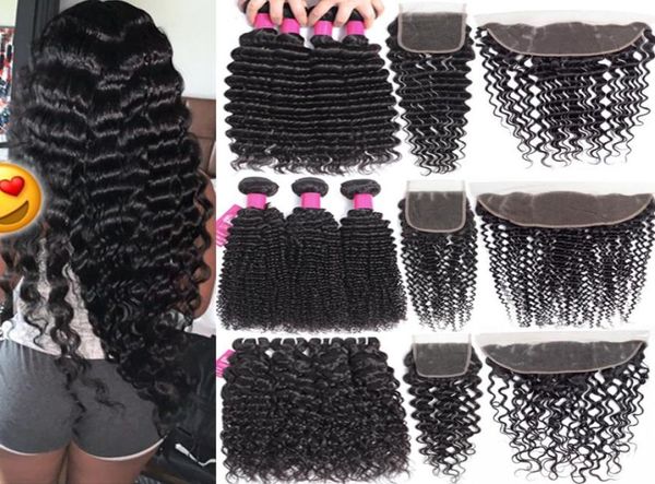 

9a brazilian virgin hair bundles with closures 4x4 lace closure or 13x4 lace frontal closure deep wave curly human hair bundles wi8872278, Black;brown