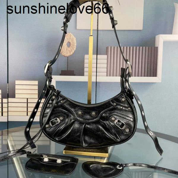 

motorcycle handbag crossbody bag half moon armpit bags genuine leather handbags purse classic letter nails decor adjustable strap card holde