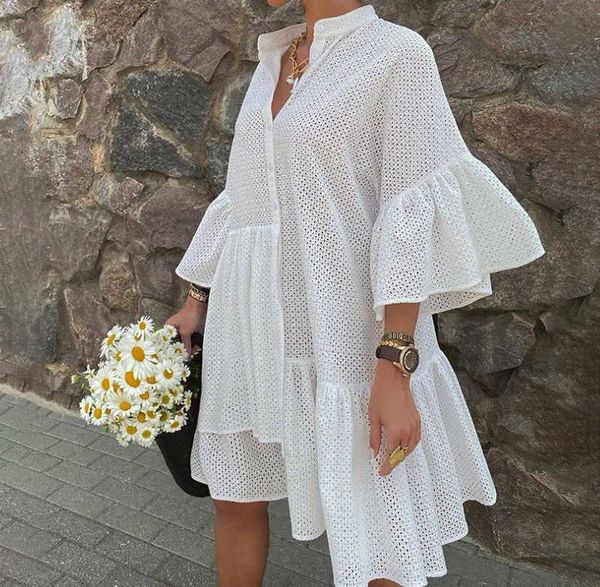 

summer new elegant solid color stand collar butterfly sleeve irregular loose woman casual dress female vestidos, White;black