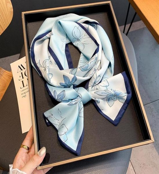 

scarves elegant silk skinny scarf women neck foulard female long hairbands floral print big ties ribbon neckerchief bandana2978405, Blue;gray