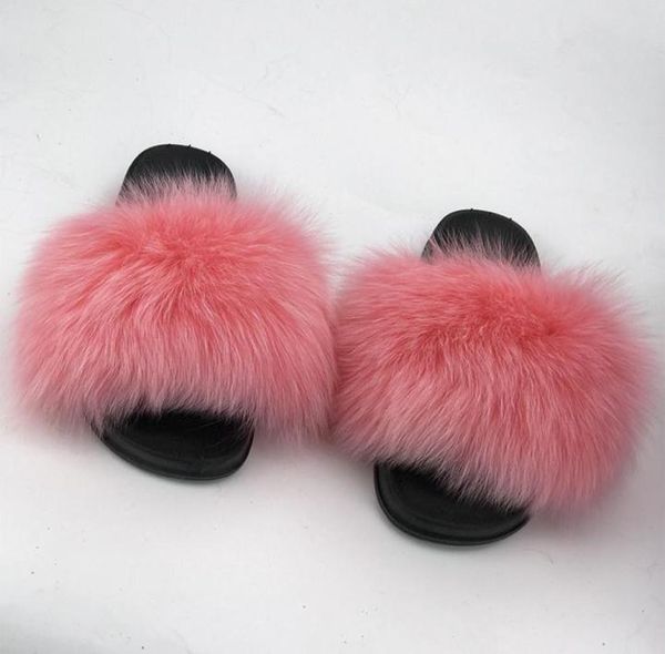 

real raccoon fur slippers women 2018 sliders casual fox hair flat fluffy fashion home summer big size 45 furry flip flops7444293, Black