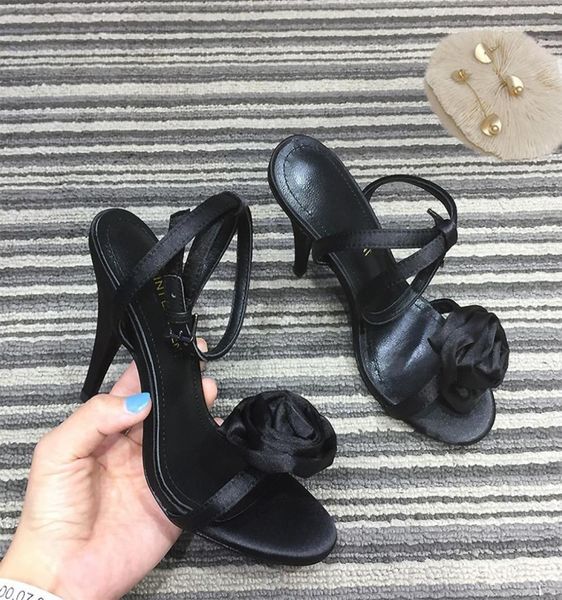 

women039s opentoed leather sandals stiletto silk face rose flower high heels size3540black1344954, Black