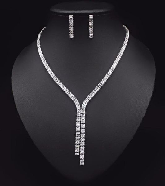

2021 cubic zirconia long necklace earrings sets for brides wedding jewelry accessories jolleria mujer de oro for women1186447, Silver