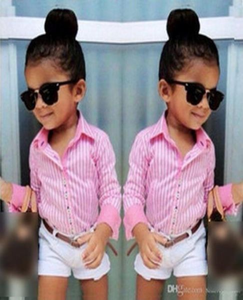 

girls striped long sleeved shirt white shorts waist 3 childrens suit pink stripe fan 3 set kid3019403333