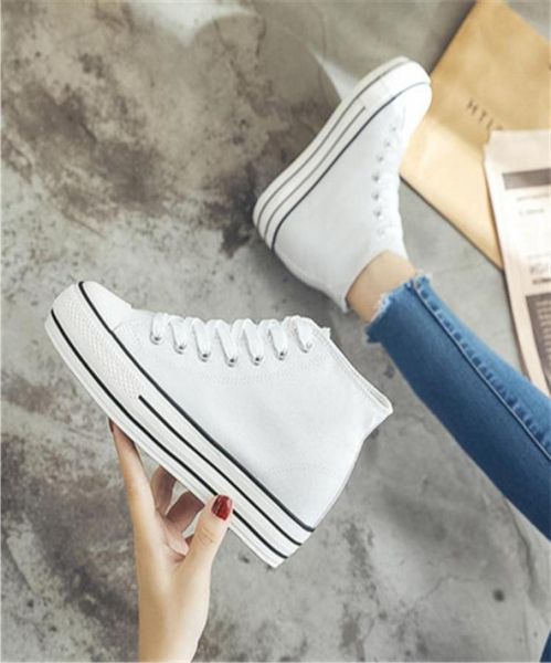 

women fashion 6 cm high heels shoes casual canvas sneakers platform high ankle boots ladies hidden wedge heel elevator shoe6816762, Black