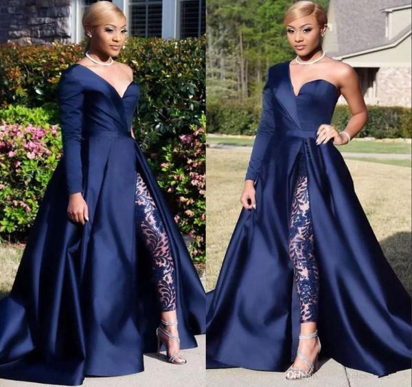

2020 new a line dark navy split prom party gowns jumpsuit celebrity dresses elegant one shoulder long sleeve evening dresses pant 4783933, Black;red