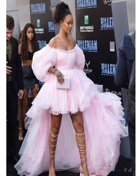 

arabic party gowns modern pink high low prom dresses off the shoulder poet sleeve tulle hi low red carpet celebrity evening dress 8249280, Black;red
