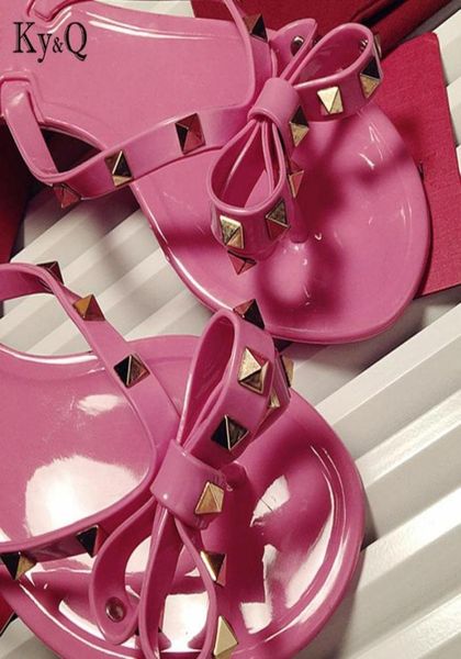 

rivets bow knot flat slippers sandals girls flip flops studded summer shoes cool beach slides jelly shoes 35415769958, Black