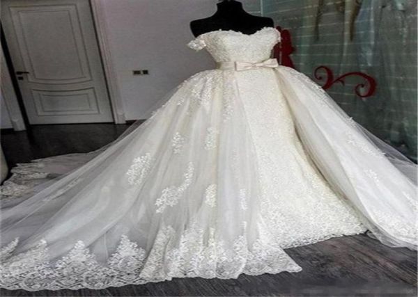 

new arrivals 2019 mermaid wedding dresses with detachable skirt train off shoulder sweetheart neck fishtail ivory lace luxury brid1697927, White