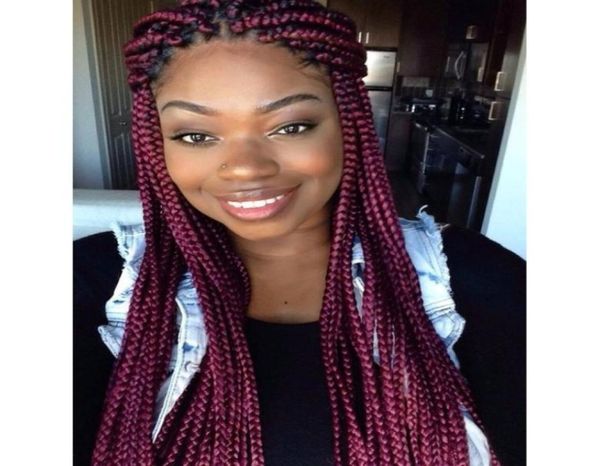 

brazilian full lace front braided box braids wig burgundy red color synthetic braids wig 30inches long 250density part6440188, Black