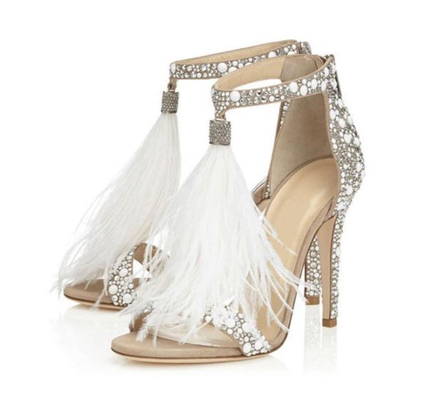 

2020 women039s wedding shoes autumn solid color diamond feather sandals limited time1109142, Black