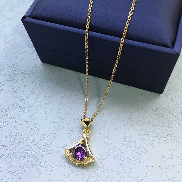 

netizen smart fan shaped titanium steel necklace for female minority design sense purple zircon small skirt pendant live broadcast jewelry, Golden;silver